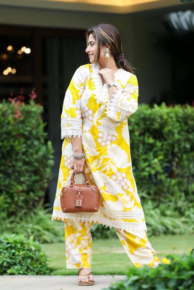 Yellow floral kurta co-ord
